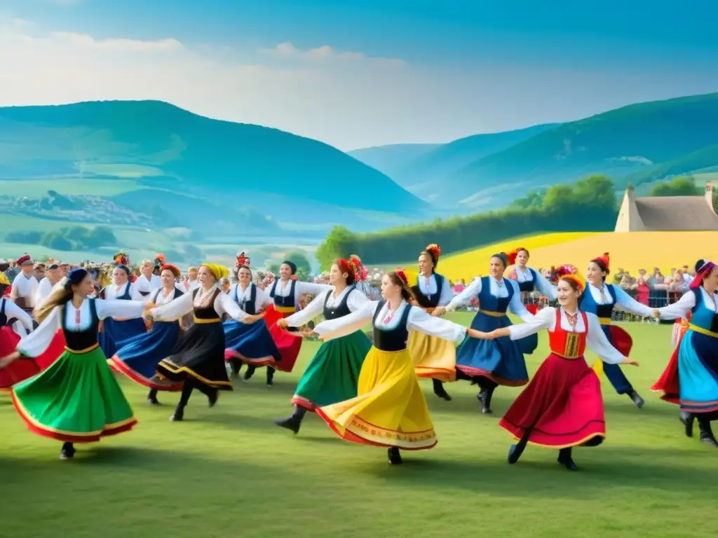 Grupo de bailarines en trajes tradicionales realizando danzas rurales en el vibrante Festival de Folklore de Gannat, Francia