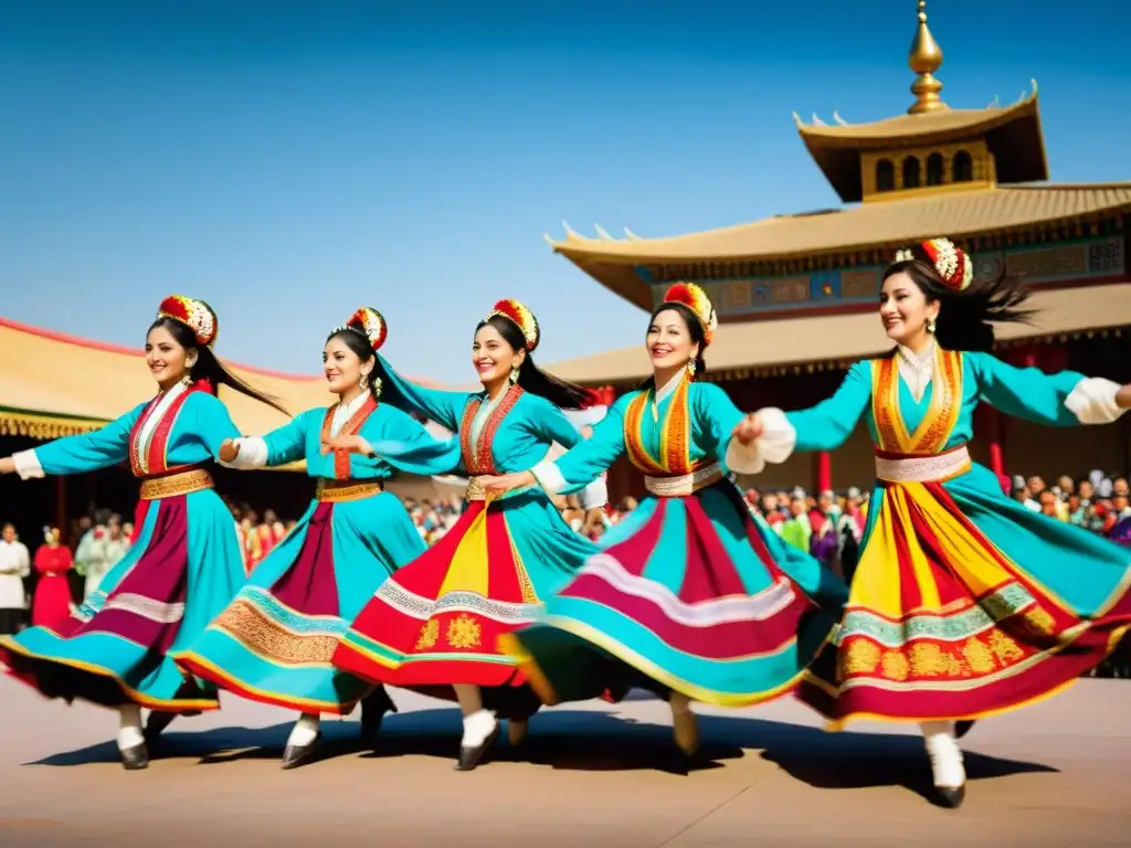 Grupo de bailarines con trajes tradicionales en el animado Festival Navruz, expresando alegría y energía con sus danzas en Asia Central