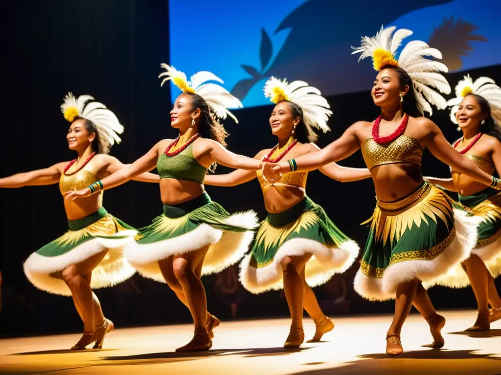 Grupo de bailarines en trajes tradicionales realizando una danza de Islas Cook