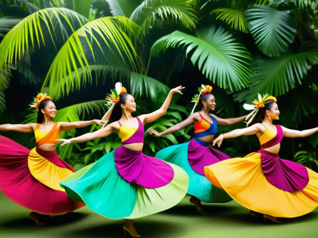 Grupo de bailarines con trajes tradicionales en un exuberante entorno tropical, expresando el significado cultural de la danza en las Islas Cook