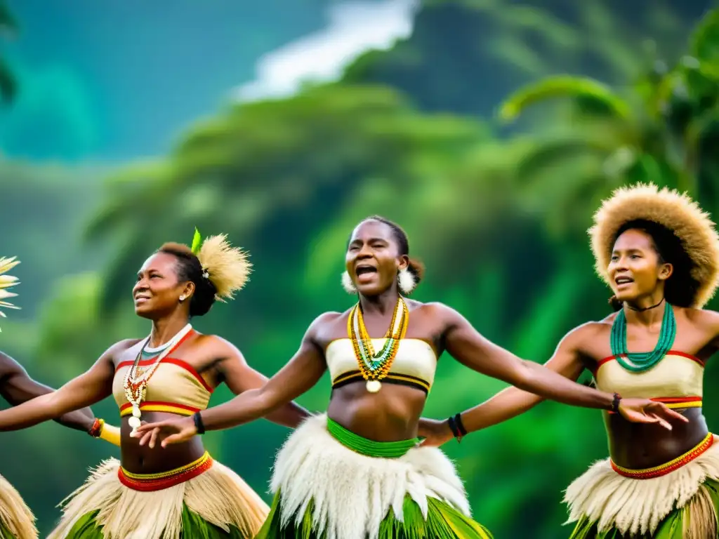 Grupo de bailarines en trajes tradicionales, expresando significado cultural a través de sus dinámicos movimientos en las Islas Salomón