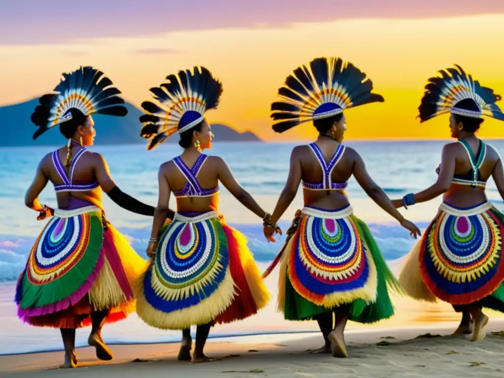 Grupo de bailarines con trajes tradicionales en festivales de Oceanía, danzando al atardecer