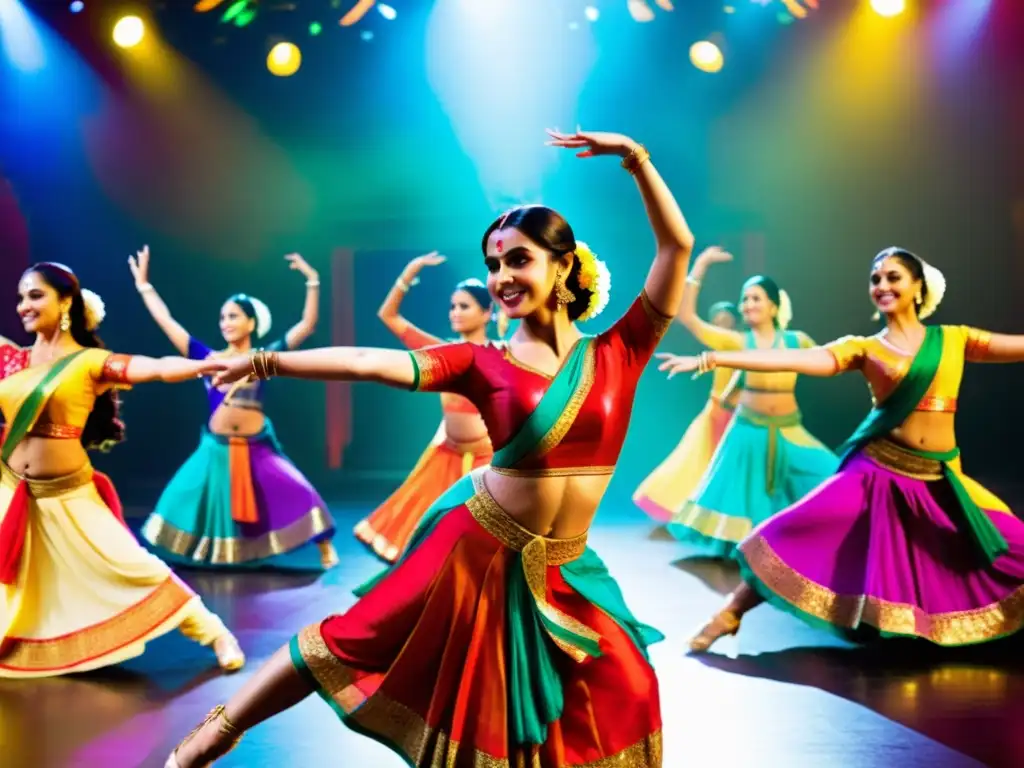 Grupo de bailarines con trajes tradicionales ejecutando una vibrante danza india en la gran pantalla