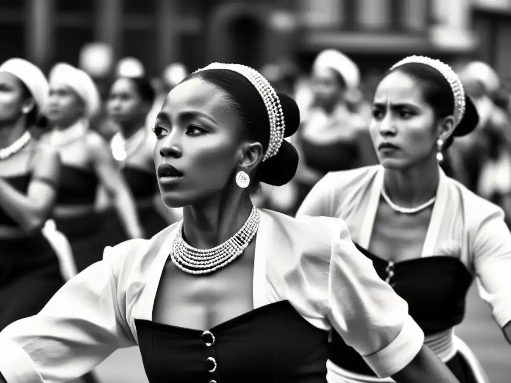 Grupo de bailarines en trajes tradicionales, expresando protesta a través de la danza con intensidad y pasión