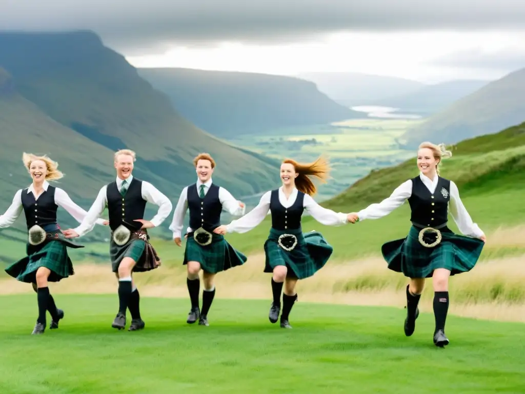 Un grupo de bailarines Highland en trajes tradicionales escoceses realizando una enérgica danza en las Tierras Altas