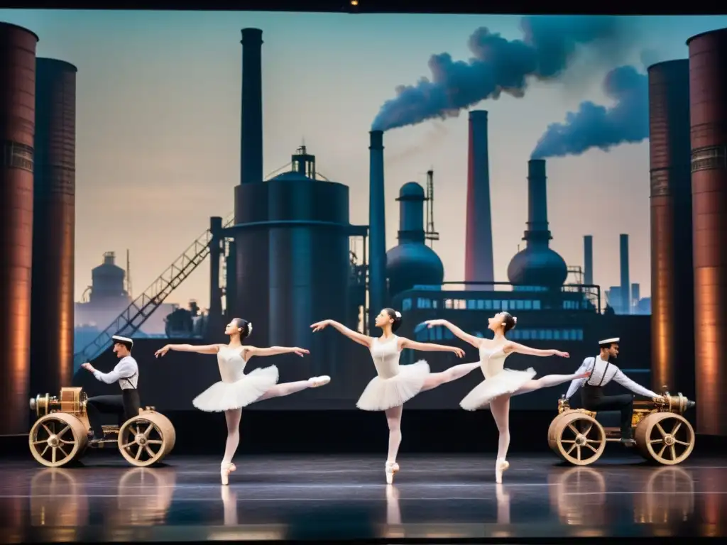 Grupo de bailarines en trajes tradicionales europeos realizando una actuación en un escenario de la revolución industrial