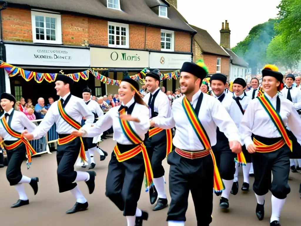 Grupo de bailarines Morris en trajes tradicionales, ejecutando movimientos sincronizados con cintas y campanillas