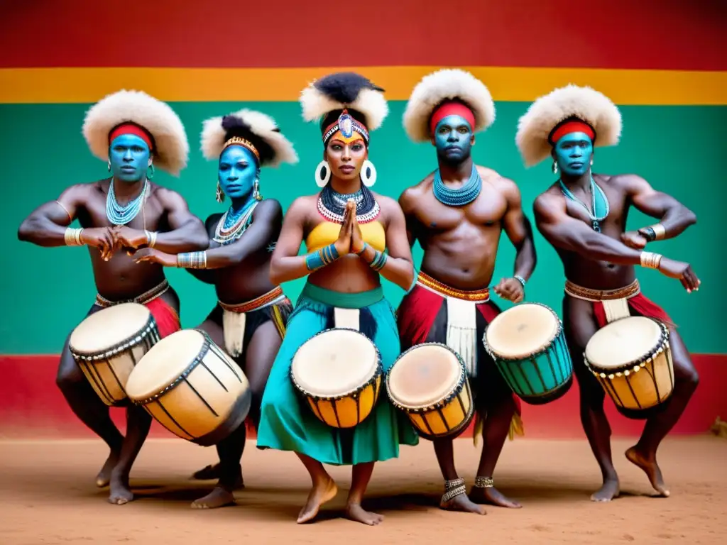 Un grupo de bailarines en trajes tribales y joyería, moviéndose al ritmo de tambores africanos