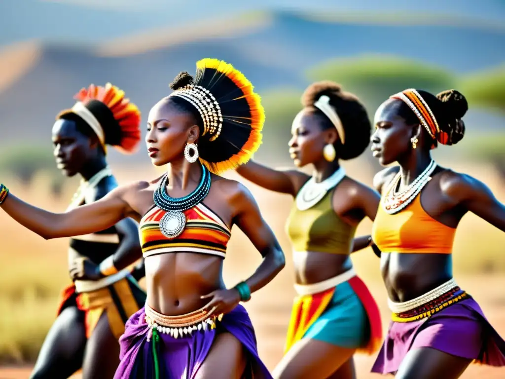 Grupo de bailarines en trajes tribales africanos realizando una danza energética en la sabana