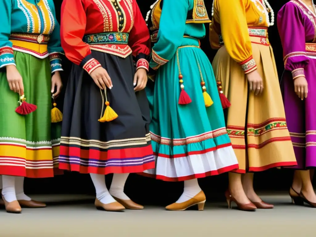 Grupo de bailarines en trajes folclóricos, detallando la evolución del vestuario de baile con bordados y texturas vibrantes