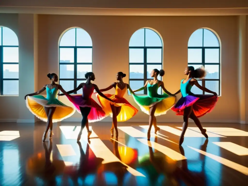 Un grupo de bailarines con trajes vibrantes realizando saltos en un estudio soleado, destacando la influencia del vestuario en danza