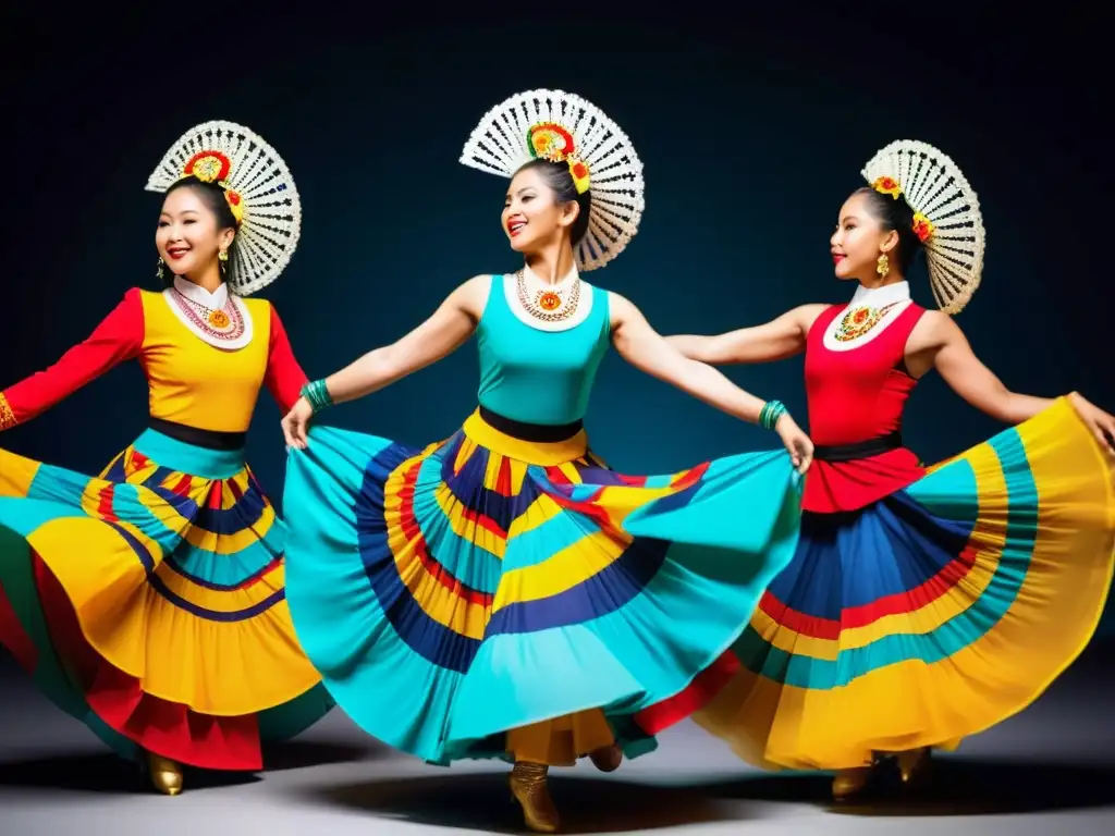 Grupo de bailarines con trajes vibrantes en fusión de moda contemporánea y danza tradicional, exudando pasión y gracia