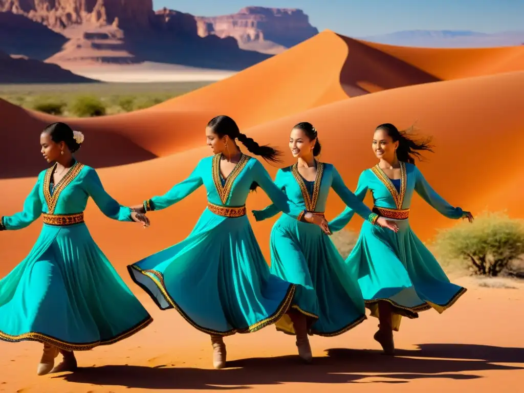 Grupo de bailarines con trajes vibrantes, danzando grácilmente en el desierto