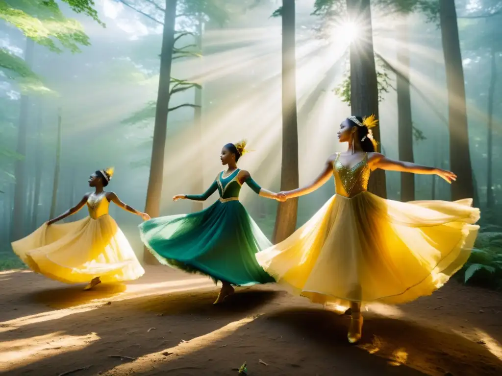 Un grupo de bailarines con trajes vibrantes y fluidos danzan en un bosque neblinoso bajo la luz dorada del sol