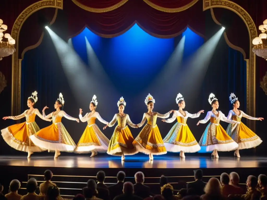 Grupo de bailarines en trajes vibrantes actuando en un escenario grandioso, con el público VIP admirando el evento de danza mundial