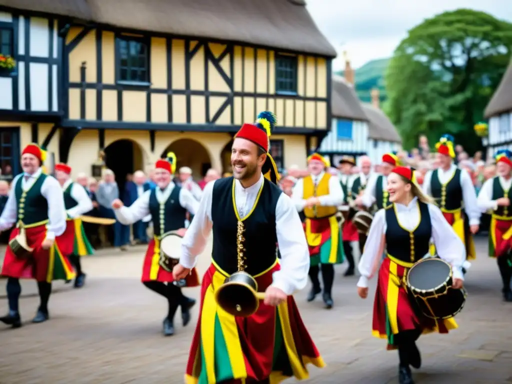 Un grupo de bailarines de Morris, con trajes vibrantes, danzan en una plaza inglesa