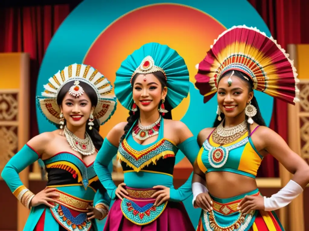 Grupo de bailarines en trajes vibrantes y detallados, en una danza tradicional llena de energía y pasión