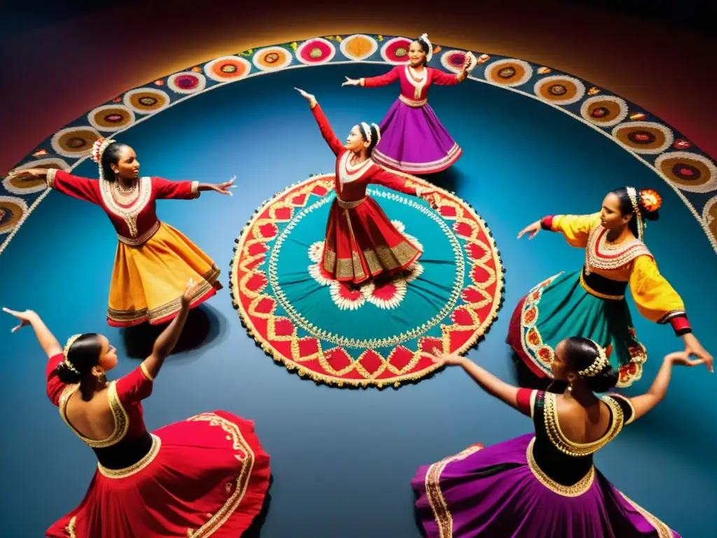 Grupo de bailarines en trajes vibrantes en un taller exclusivo de danza tradicional, mostrando destreza y cultura