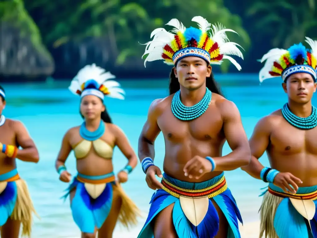 Grupo de bailarines con trajes vibrantes, ejecutando danza tradicional Palau en Festival Belau, con fondo natural impresionante