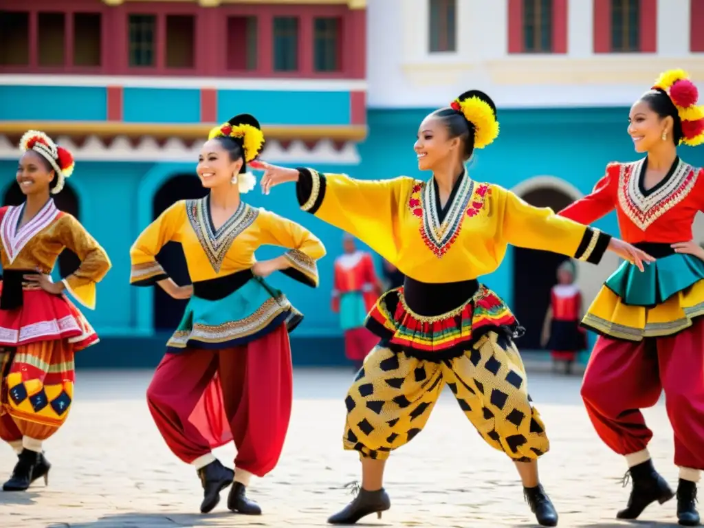 Grupo de bailarines en trajes vibrantes y detallados, fusionando patrones tradicionales con diseño contemporáneo en una plaza histórica