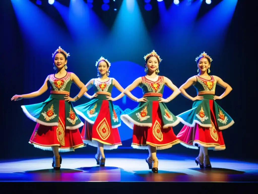 Grupo de bailarines con trajes vibrantes y modernos, fusionando la danza tradicional con innovación