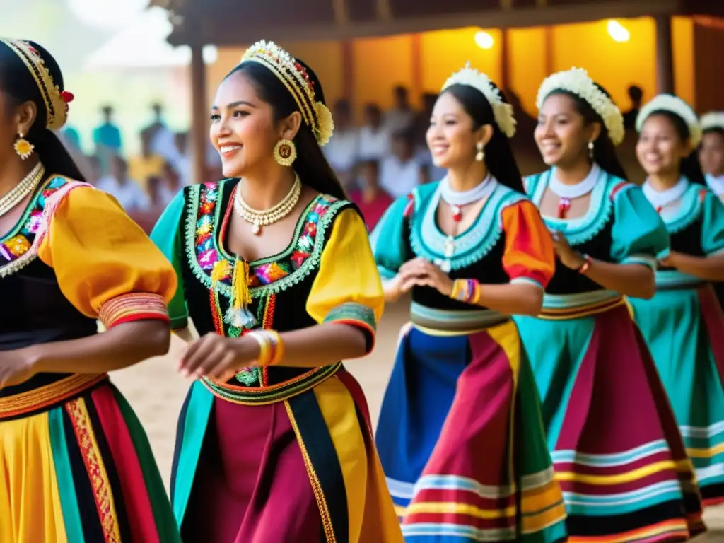 Grupo de bailarines con trajes vibrantes y músicos en vivo, en una danza tradicional que refleja la relación música vestimenta danzas tradicionales