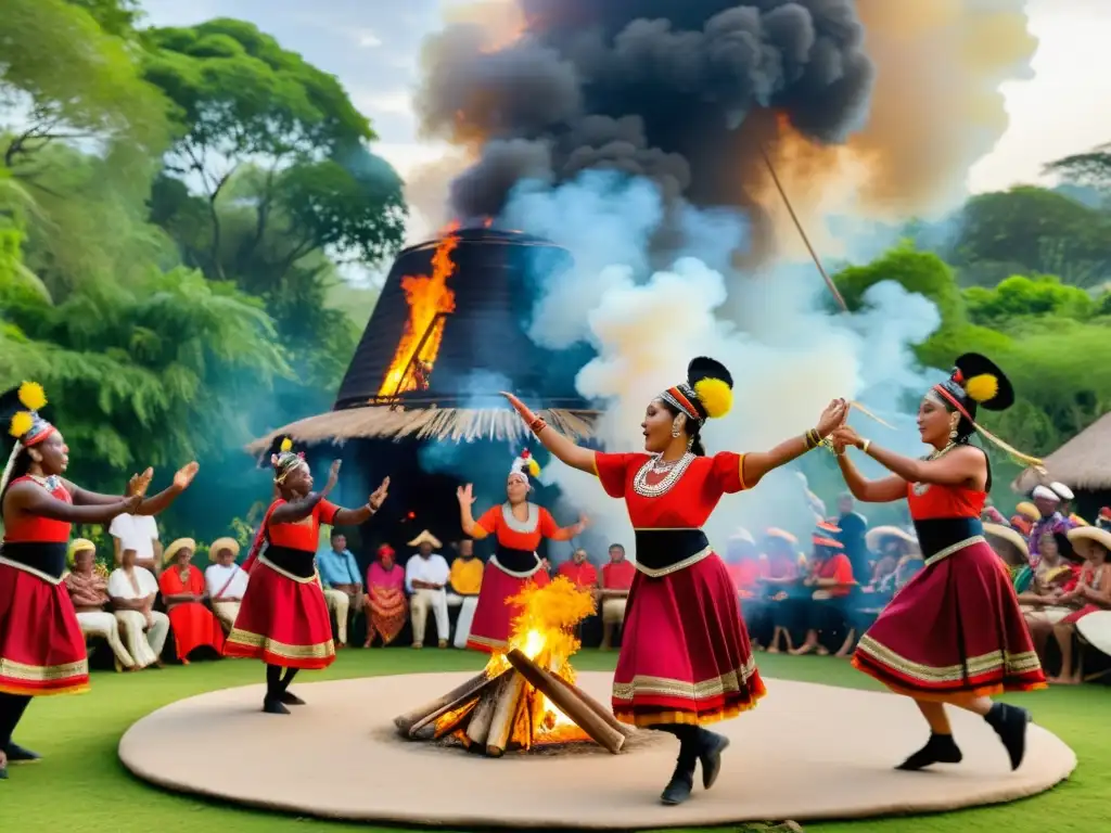 Danza ceremonial alrededor de la fogata: tradición y emoción Grupo de bailarines en trajes vibrantes realizando danza ceremonial alrededor de una fogata, rodeados de vegetación y arquitectura tradicional