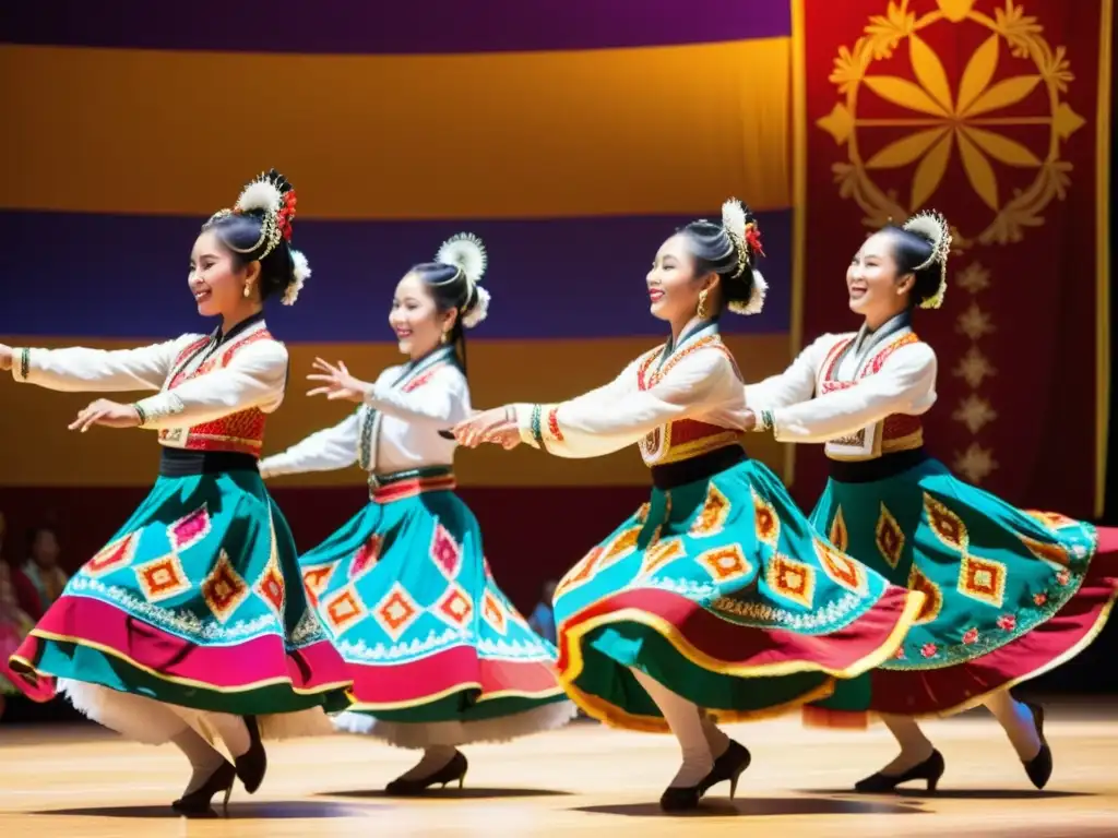 Grupo de bailarines en trajes vibrantes ejecutan danza tradicional