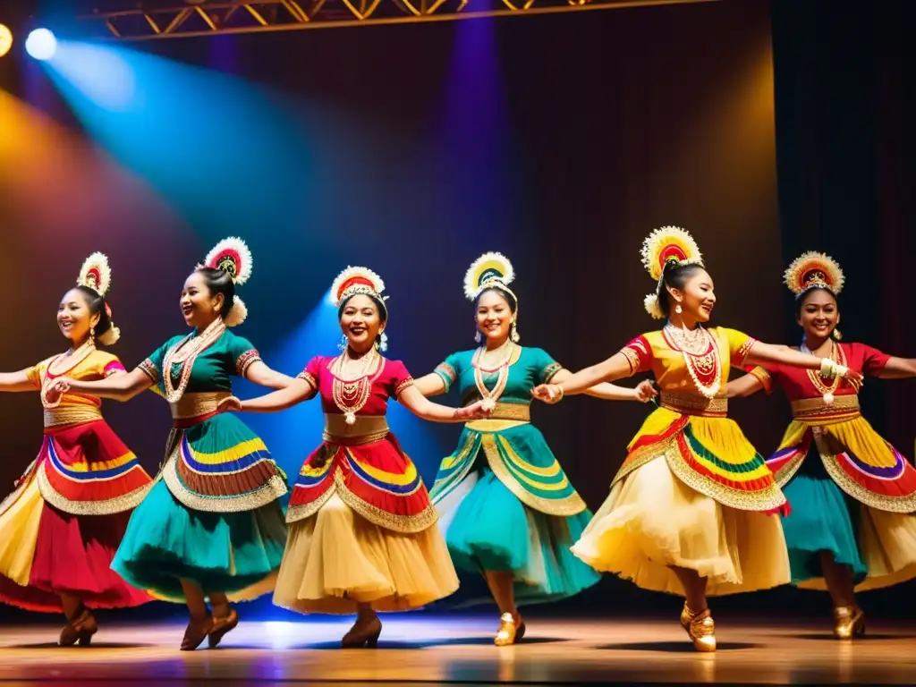 Grupo de bailarines en trajes vibrantes realizando danza tradicional, transmitida en streaming para preservación cultural