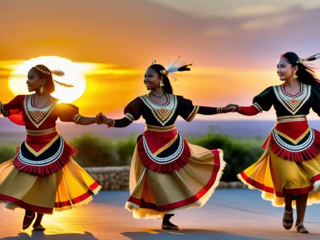 Grupo de bailarines en trajes vibrantes ejecutando danza tradicional al atardecer, reflejando la importancia de la danza tradicional