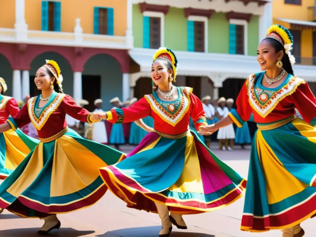 Grupo de bailarines en trajes vibrantes realizando una danza sincronizada en una plaza