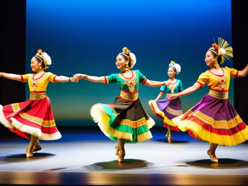 Grupo de bailarines en trajes vibrantes, reflejando la importancia del diseño en la danza tradicional