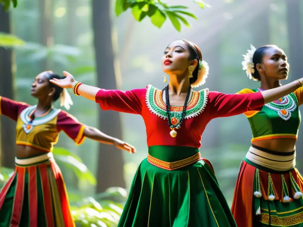 Grupo de bailarines en trajes vibrantes, en un claro del bosque