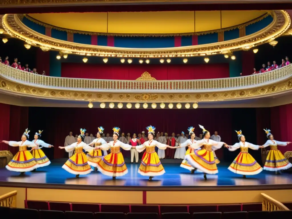 Grupo de bailarines en trajes vibrantes ejecutan una rutina sincronizada en un teatro histórico