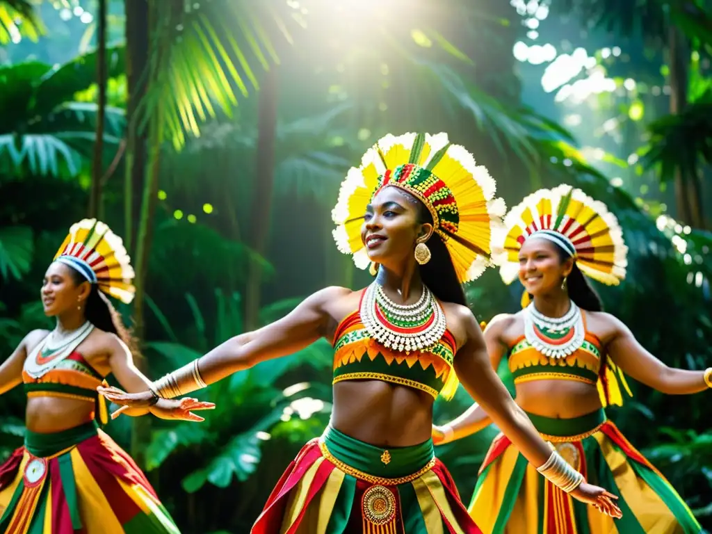 Grupo de bailarines en trajes vibrantes danzando en la selva, expresando significado cultural con gracia y orgullo