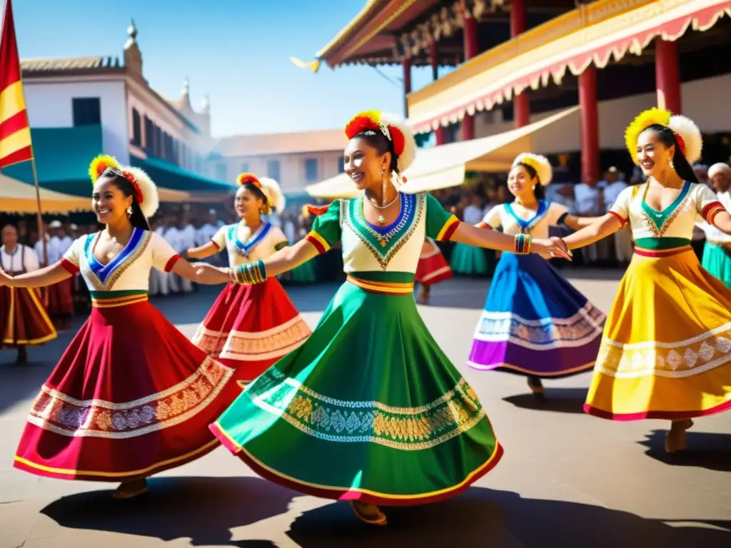 Grupo de bailarines en trajes vibrantes realizando una danza tradicional en un mercado bullicioso, capturando la moda de la danza tradicional