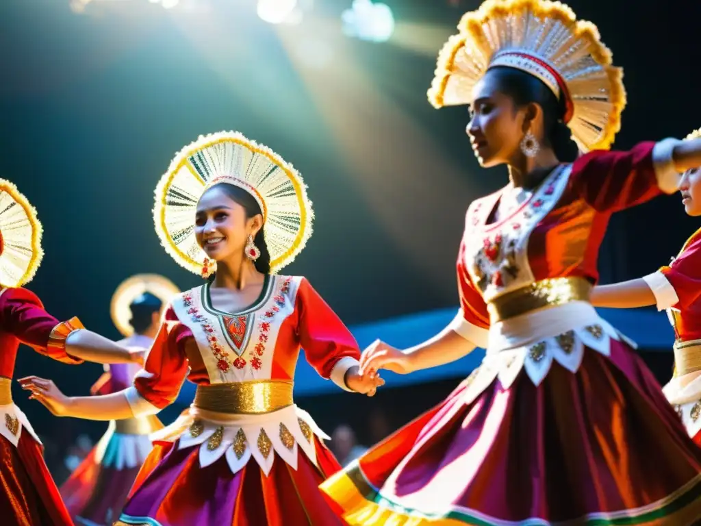 Grupo de bailarines en trajes vibrantes ejecutando danzas tradicionales en un escenario soleado