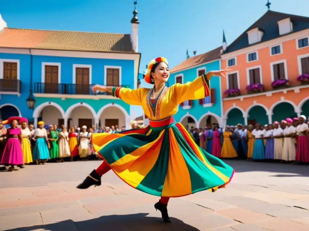 Grupo de bailarines en trajes vibrantes realizando una danza tradicional, rodeados de una multitud diversa en la plaza del pueblo