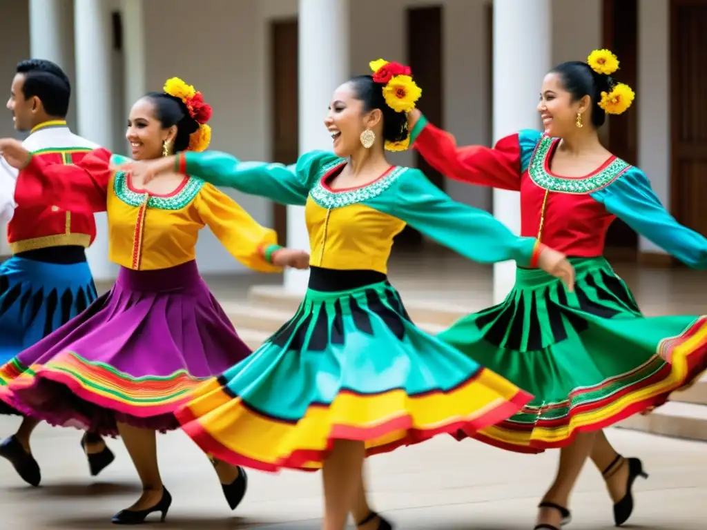 Un grupo de bailarines en trajes vibrantes de Cumbia ejecutando pasos básicos con gracia y alegría, capturando la esencia de la Danza de Cumbia