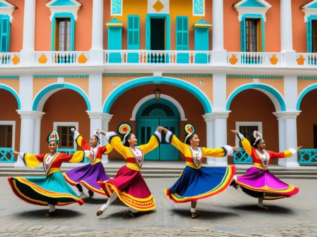 Grupo de bailarines en trajes vibrantes ejecutando una rutina sincronizada frente a un edificio histórico