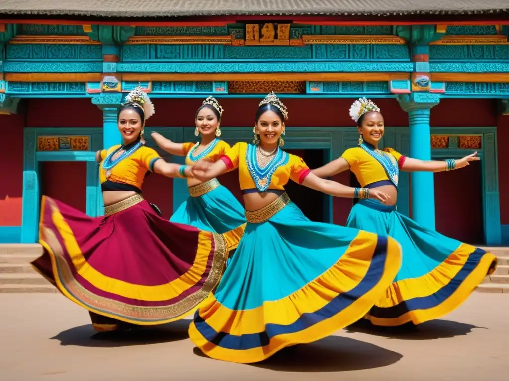 'Grupo de bailarines en trajes vibrantes realizando una danza tradicional, transmitiendo un profundo significado cultural y conexión espiritual