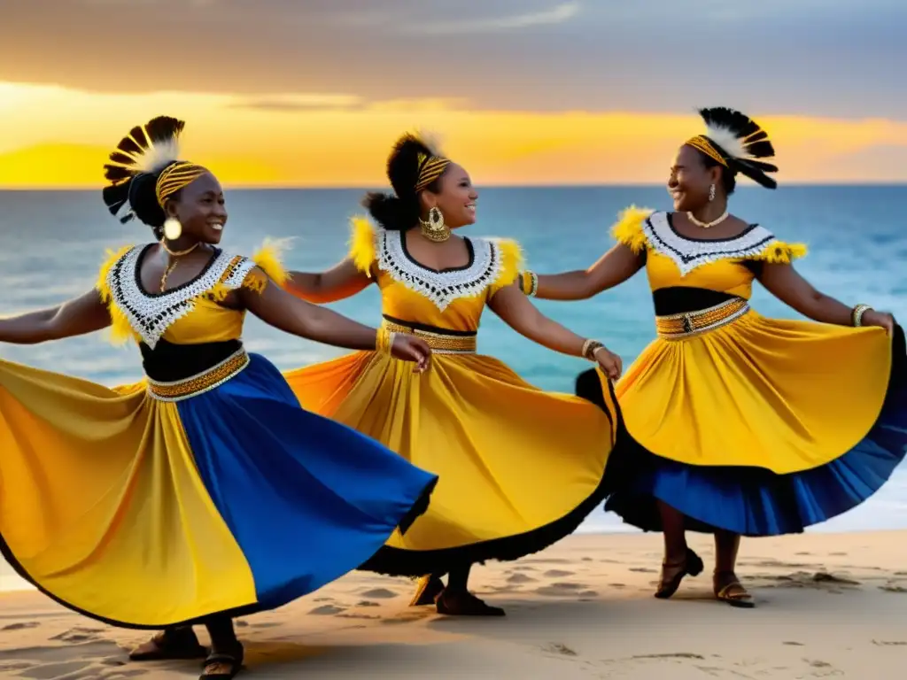 Grupo de bailarines Garifuna en trajes vibrantes danzan al atardecer en la costa de Honduras, mostrando su resistencia cultural