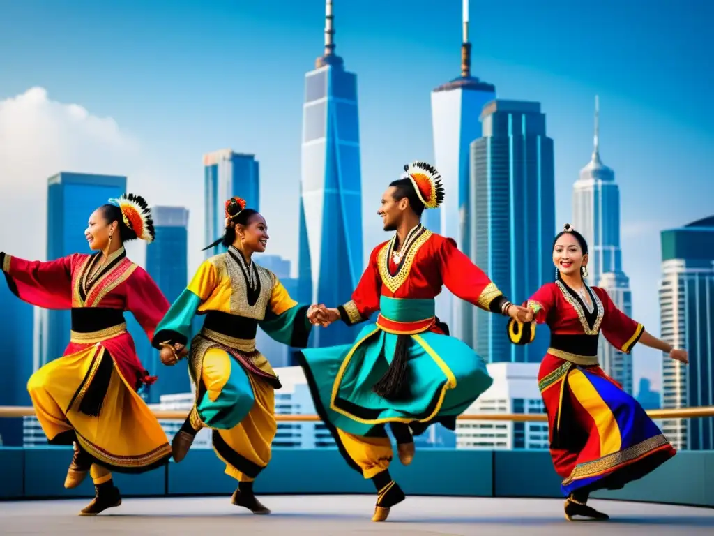 Grupo de bailarines en trajes vibrantes realizando un salto dinámico, fusionando tradición y tecnología