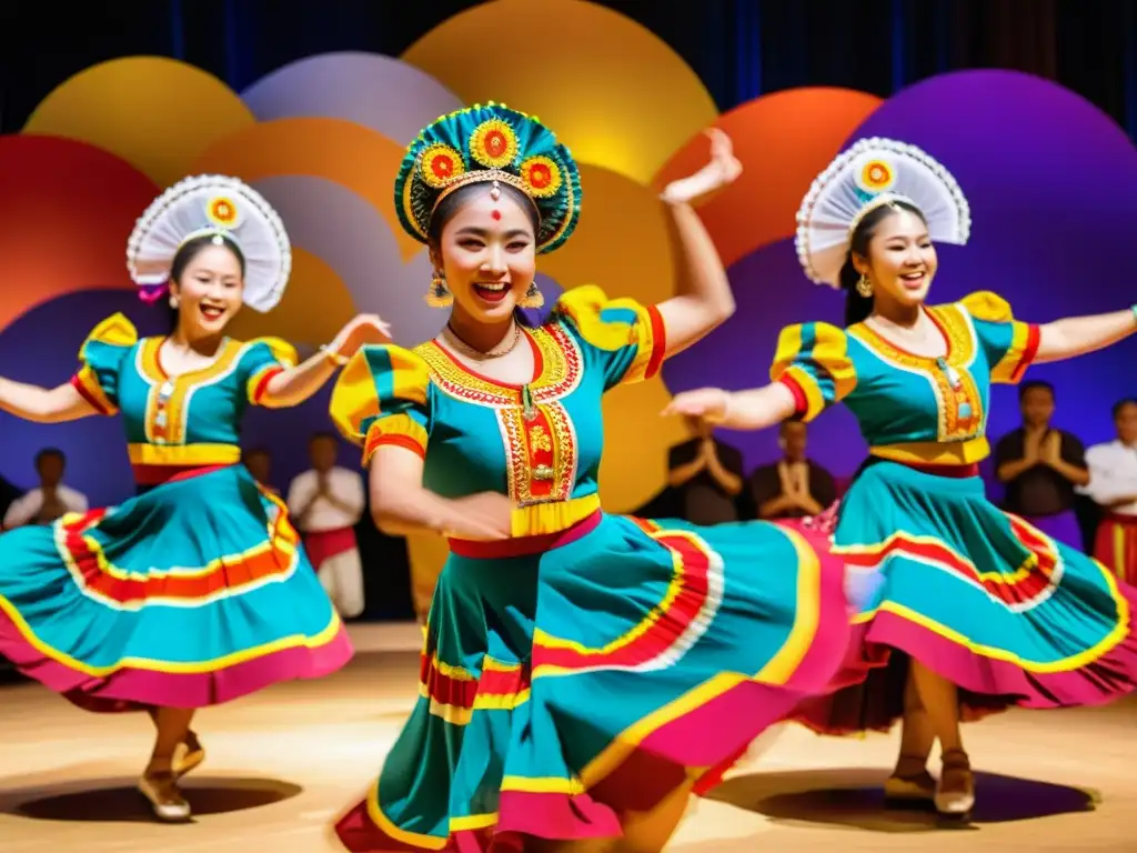 Grupo de bailarines en trajes vibrantes, movimientos capturados en escenario adornado