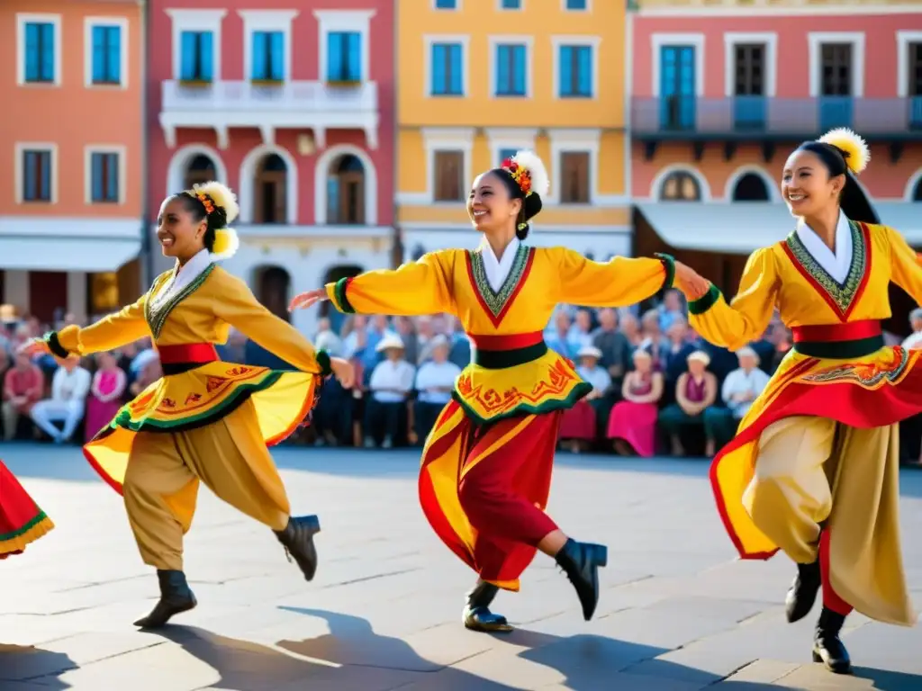 Grupo de bailarines en trajes vibrantes en la plaza de la ciudad