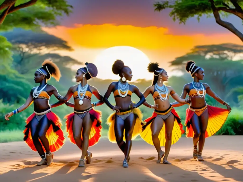 Grupo de bailarines en trajes vibrantes realizando danza tribal africana al atardecer, expresando pasión y energía