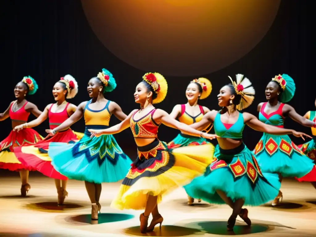 Un grupo de bailarines con trajes vibrantes y patrones intrincados, realizando una danza tribal contemporánea, rodeados de espectadores maravillados