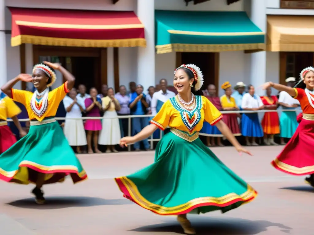 Grupo de bailarines en trajes vibrantes, danza sincronizada en la plaza