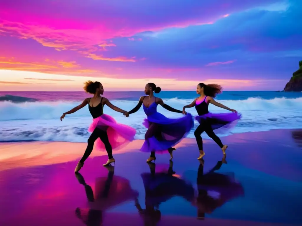 Grupo de bailarines en trajes vibrantes inspirados en el océano danzando graciosamente en una playa al atardecer, reflejando la influencia del entorno costero en su arte