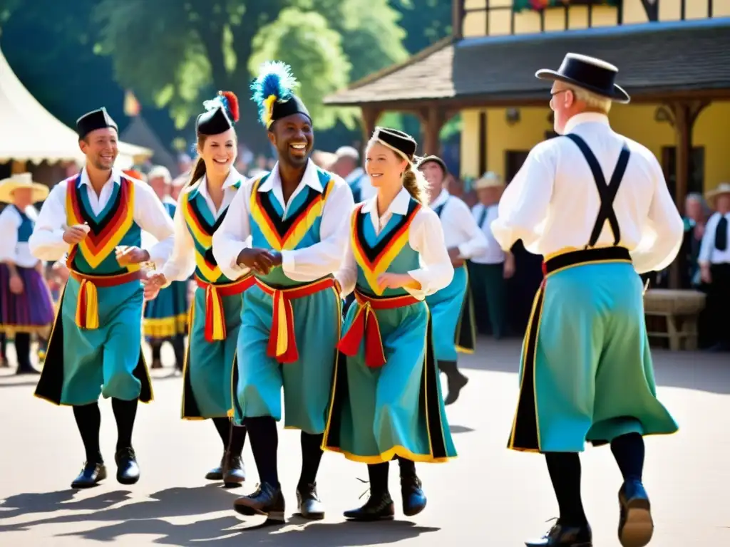 Grupo de bailarines Morris en trajes vibrantes y sombreros adornados con campanas, realizando una rutina alegre en una plaza de pueblo